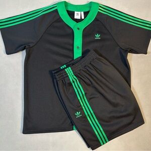 Adidas Black and Green Athletic Shorts and Shirt